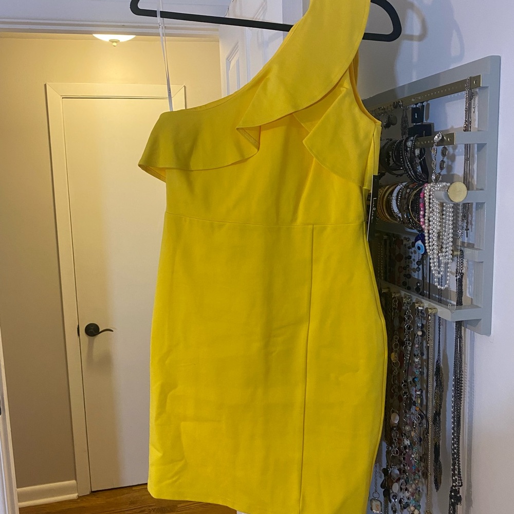 Yellow one shoulder mini dress